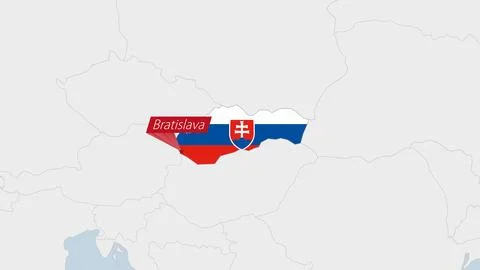 Slovakia map highlighted in Slovakia flag colors and pin of country capital.. Иллюстрация