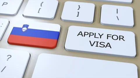 Slovenia, Apply for Visa Concept. Button Push 3D Illustration. Visa Apply for Illustrazione stock