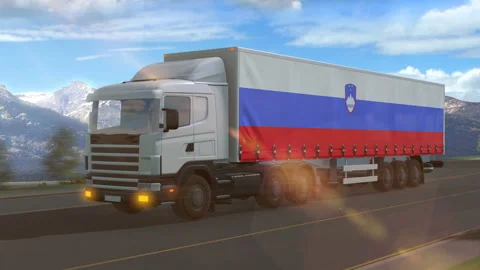 Slovenia flag shown on the side of a large truck Stock Footage 122105910