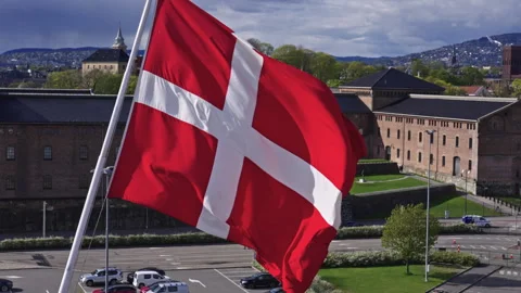 Slow 120fps Close-Up of Danish Flag Waving with Oslo Skyline in Background Vídeo Stock 309452706