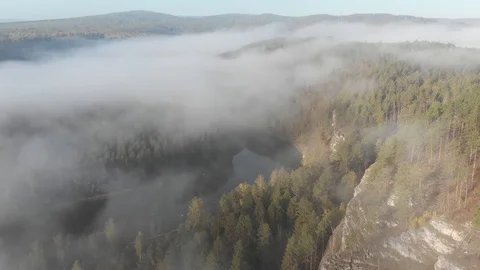 Slow aerial flight backwards over a gentle mountain river, pine forest, clouds. Stock Footage 101617615