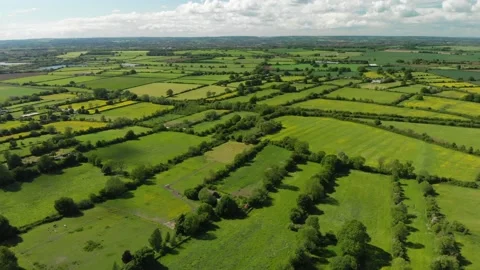 A slow aerial flight over the patchwork of fields in Wiltshire UK Video stock 196897162