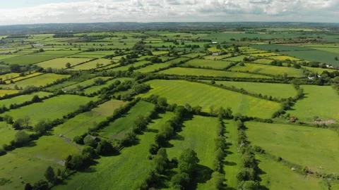 A slow aerial flight over the patchwork of fields in Wiltshire UK Video stock 196897649