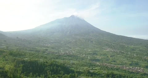 Slow aerial forward flight over rural plantation with Merapi Volcano in Vidéo 198367853