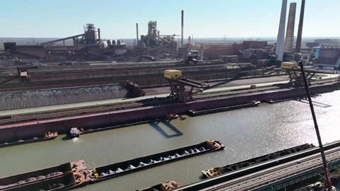 Slow arc around harbor crane and loaded barges Stock-Footage 331206092
