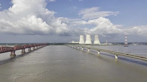 Slow Ascending Drone View of Padma River and Rooppur Nuclear Plant Area Stock Footage 342619485