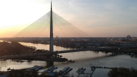 Slow backward dolly shot with slight tilt down of Ada Bridge Stock Footage 105790430