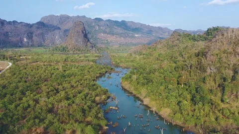 Slow backward drone shot of river with dead trees in Thalang, Laos Stock Footage 247866120