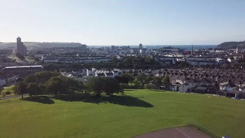 Slow Birds Eye Drone View of Plymouth City Centre and Sea 4k Stock Footage 321007331