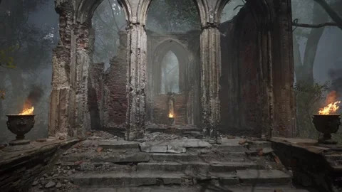 Slow Camera Approach to Mourning Angel in Firelit Gothic Ruins Stock Footage 340958477