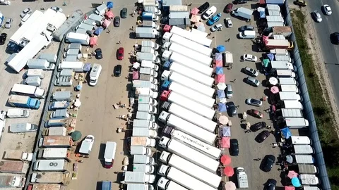 Slow camera flight over food trailers on the market with the help of copter Stock Footage 93449019