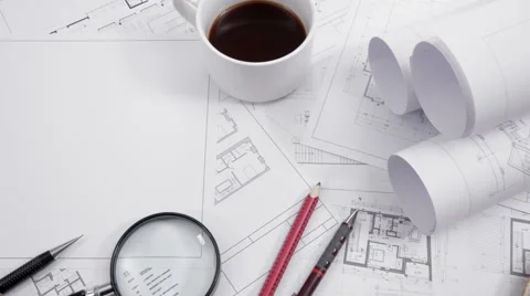 Slow camera motion over architect's work table Stock Footage 60951018