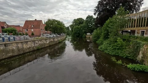 Slow Camera Movement Along Historic Canal in European Town Stock Footage 340505369