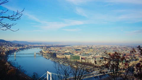 Slow camera movement revealing Budapest city skyline and river Stock Footage 326068028