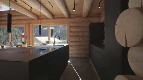 Slow camera movement showing a modern black kitchen inside a luxurious rustic Stock Footage 335199133