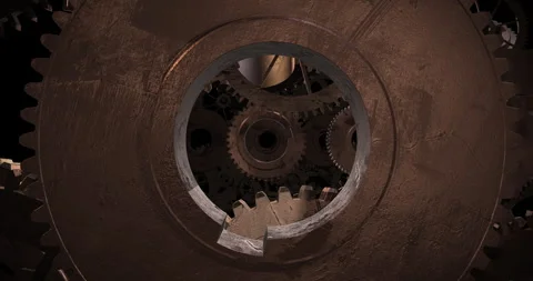 Slow Camera Movement Through Rusty Rotating Gears in Loop. Stock Footage 302905596
