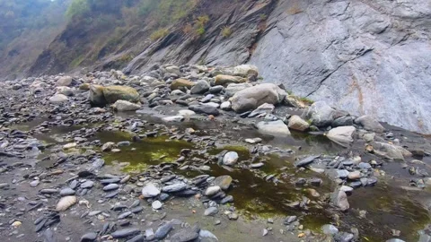 Slow camera movement tiled up from greenish brown still water with colorful pile Stock Footage 265494477
