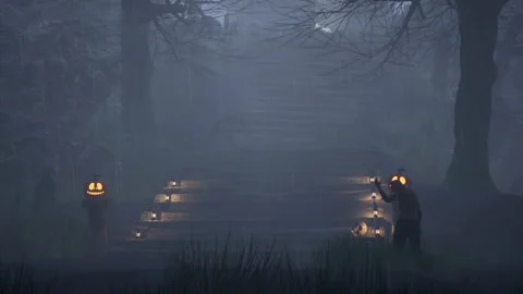 Slow camera movement towards a staircase decorated for halloween with zombies Stock Footage 210382826