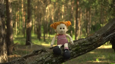 Slow Camera Push Toward a Creepy Plush Girl Doll on a Tree in a Dark Forest 스톡 동영상 343894141