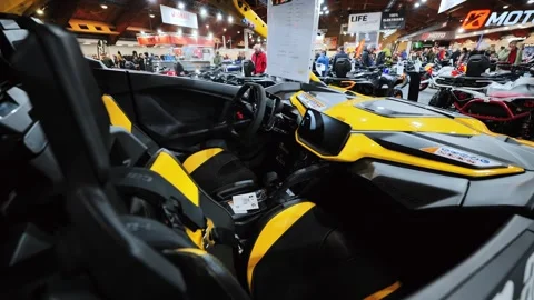 Slow Camera Slide Into UTV Interior At Auto Show Off Road Vehicle Display Stock Footage 325955243