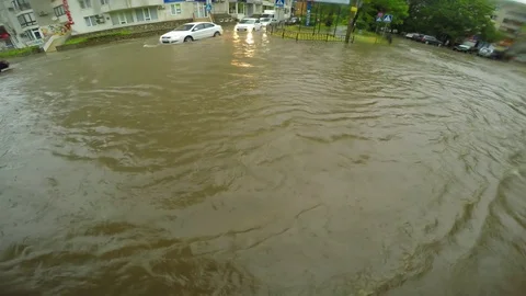 Slow Car Traffic In Deep Waters In City Road Stock Footage 77754862