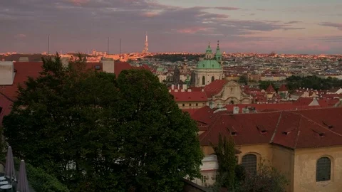 Slow close pan across skyline of Prague Stock Footage 80905702