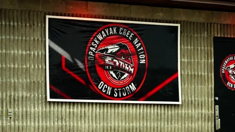 Slow close-up panning of OCN Storm logo on hockey rink side door Stock-Footage 297037874
