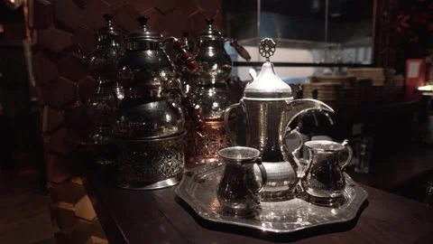 A slow close-up shot of an antique silver antique service. Stock Footage 249964655