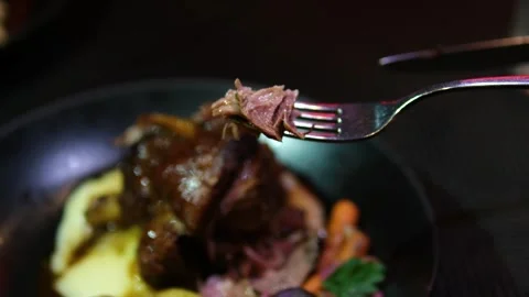 Slow cooked lamb shank served on mashed potato with herbs and sauce fine dining Stock Footage 318730048