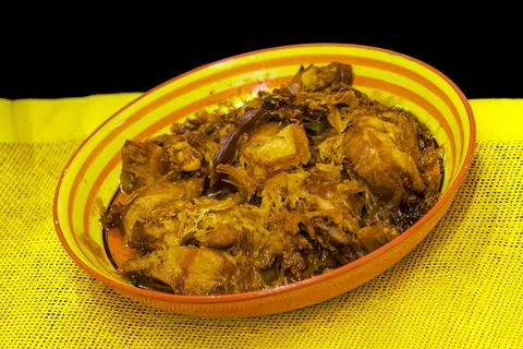 Slow cooked shredded pulled beef in colorful ceramic plate Stock Photos