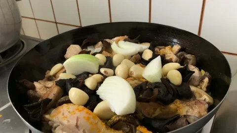 Slow Cooking Chicken on Pan Stock Footage 132093103