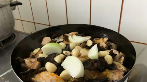 Slow Cooking Chicken on Pan Stock Footage 132093185