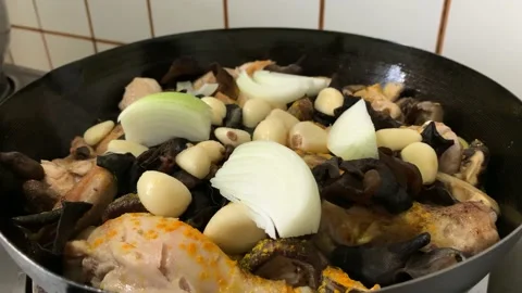 Slow Cooking Chicken on Pan Stock Footage 132093238