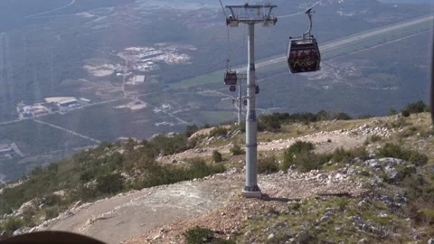 Slow descent down from the top of the mountain in a funicular by cable car Stock Footage 279026167