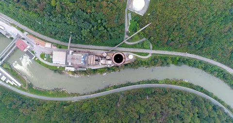 Slow descent towards the chimney stack at Trbovlje Power Station Stock Footage 125288836