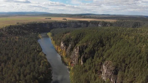 Slow direct aerial flight over a gentle mountain river, pine forest. Ay river. Stock Footage 101121596