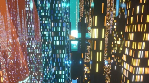 Slow dolly approach towards warm and cool illuminated futuristic sectors, 4K 스톡 동영상 336840719