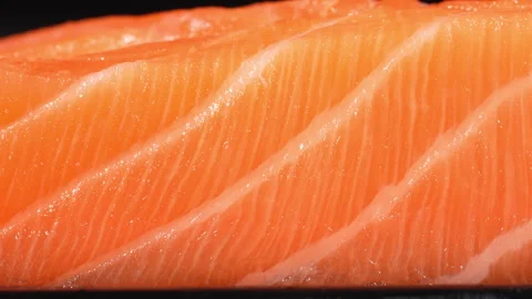 Slow Dolly Macro Shot of Delicious Salmon Fat Marbling Stock Footage 342624223