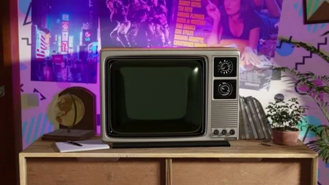 Slow dolly zoom in retro old vintage hipster 80s 90s television set Stock Footage
