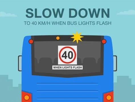 Slow down to 40 km when bus lights flash warning design. Speed limit. Stock Illustration