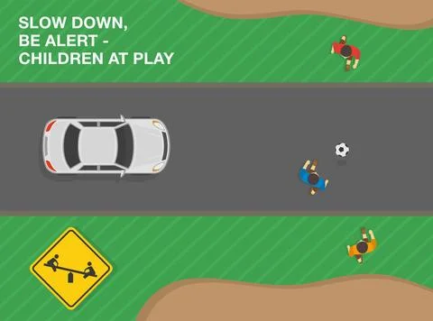 Slow down and be alert, children at play ahead. Road sign meaning. Top view. Stock Illustration