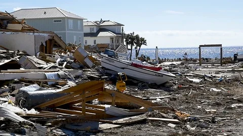 Slow drive by of debris in wake of Hurricane Michael in Florida Stock Footage 116349738