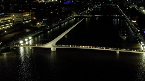 Slow Drone Approach to Puente de la Mujer at Night in Puerto Madero Video stock 332370729