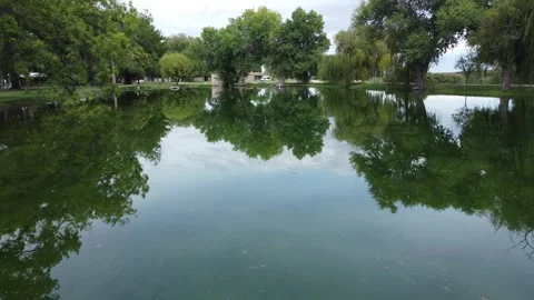 Slow drone fly over of a pond with trees surrounding Stock Footage 318198281