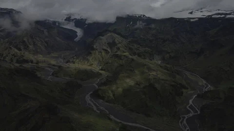 Slow drone navigation through Thorsmork, Iceland, 4K 스톡 동영상 243902131