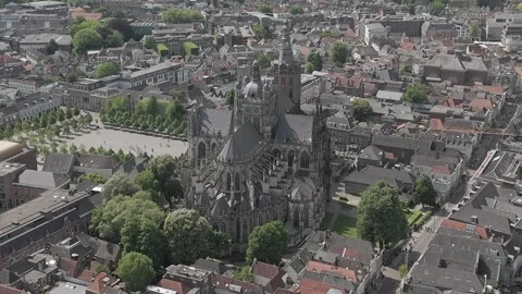 Slow Drone Orbit Right of Gothic European Cathedral in Den Bosch NL Stock Footage 308315779