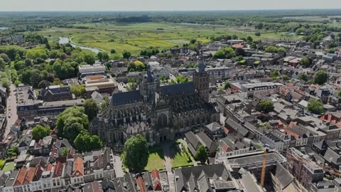 Slow Drone Orbit Right of Gothic European Cathedral in Old City, Sunny Stock Footage 308820859