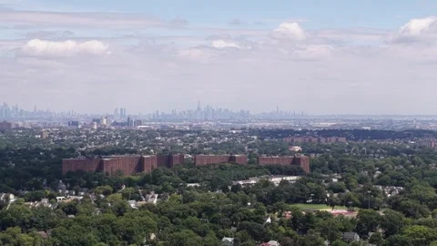 Slow Drone Pan Toward Manhattan Skyline From Maplewood, New Jersey Stock Footage 345423240