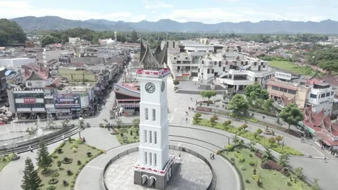 Slow Drone Push-In Toward Jam Gadang Clock Tower in Bukittinggi, West Sumatr Stock Footage 343199074