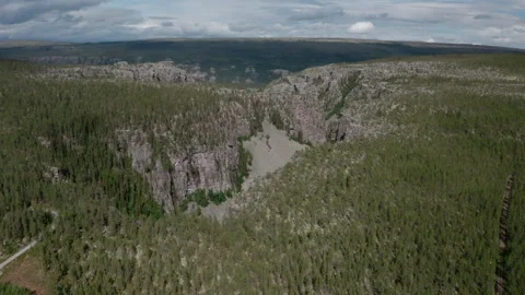 Slow drone shot above deep rocky canyon cutting through dense evergreen forest Stock Footage 306680750